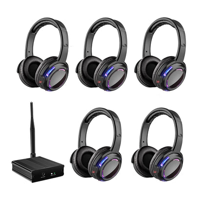 UHF RF Silent Disco Headphones Wireless DJ Headset System with 5 Headphones and 1 Transmitter, 500m Long Range Wireless Silent Party Headphones