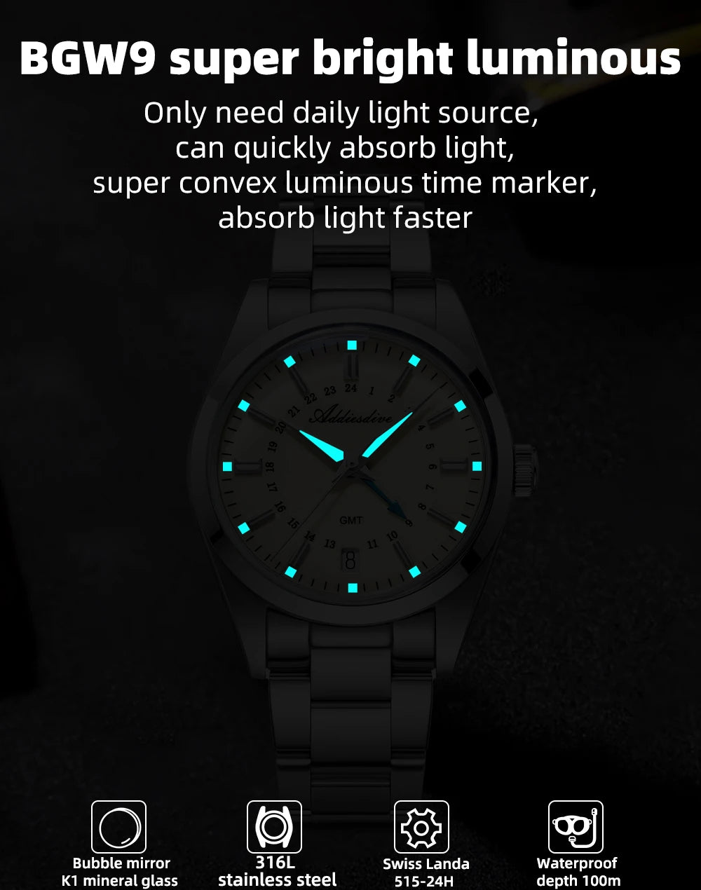 ADDIESDIVE 36mm Men's Analog Watch GMT 515-24H Watch BGW9 Luminous 100m Waterproof Stainless Steel Men's Quartz Watches AD2065