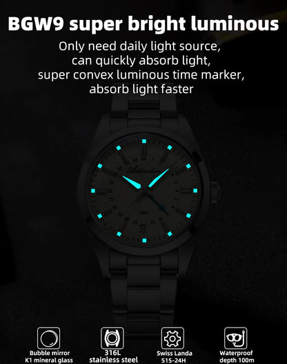 ADDIESDIVE 36mm Men's Analog Watch GMT 515-24H Watch BGW9 Luminous 100m Waterproof Stainless Steel Men's Quartz Watches AD2065