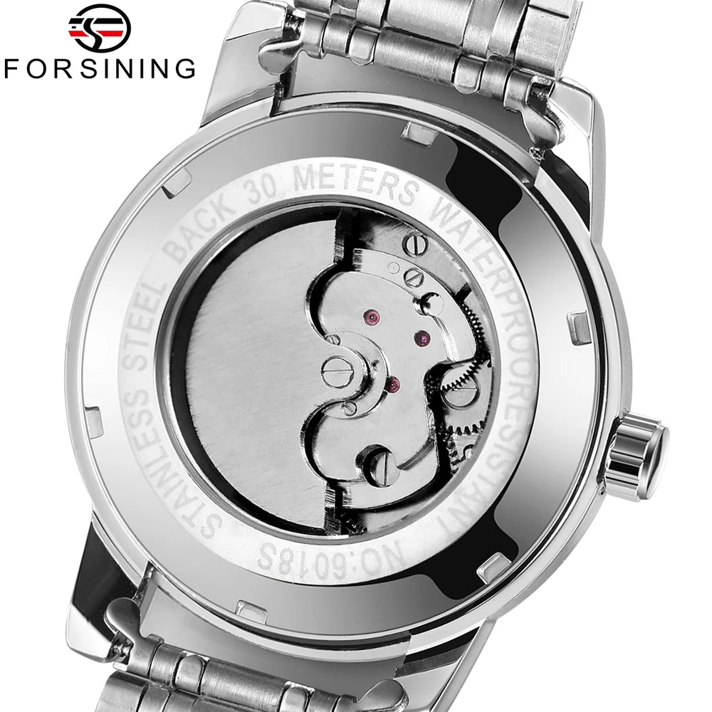 Pánské mechanické hodinky s automatickým nátahem značky Forsining – luxusní, businessový a módní styl, kovový náramek, tourbillon, luminiscenční ručičky, zdobené umělými diamanty