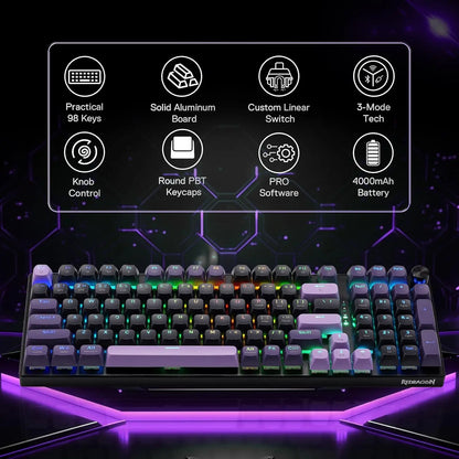 Redragon K740 PRO Wireless RGB Gaming Keyboard, 98 Keys 3-Mode Mechanical Keyboard with Aluminum Base, Hot-Swappable PBT Keycaps, Bluetooth/2.4G/USB-C