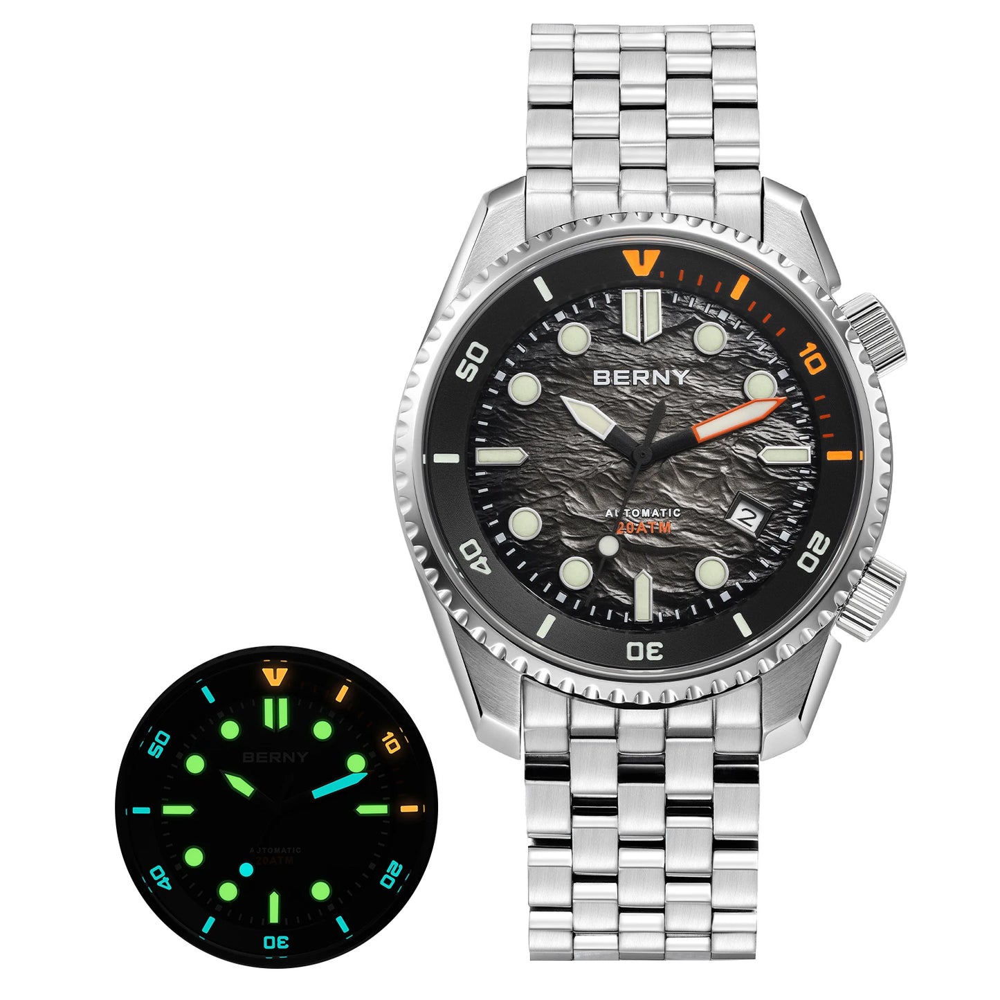 BERNY 20ATM Automatic Men's Watch Diver Sports Diving Watches Luxury Sapphire 316L Stainless Steel Mechanical Waterproof Watches