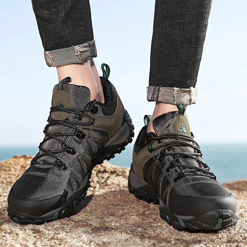 HIKEUP miesten neljän vuodenajan vaelluskengät – ulkoiluun ja urheiluun, aitoa nahkaa, kulutusta kestävät kiipeilykengät, kumipohjaiset trekking-sneakerit