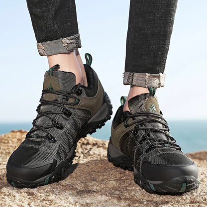 HIKEUP miesten neljän vuodenajan vaelluskengät – ulkoiluun ja urheiluun, aitoa nahkaa, kulutusta kestävät kiipeilykengät, kumipohjaiset trekking-sneakerit