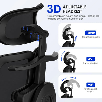 AUTHMIC Ergonomic Office Chair with 6D Adjustable Armrests, 3D Headrest, Lumbar Support, Reclining Mesh Desk Chair 200kg Capacity