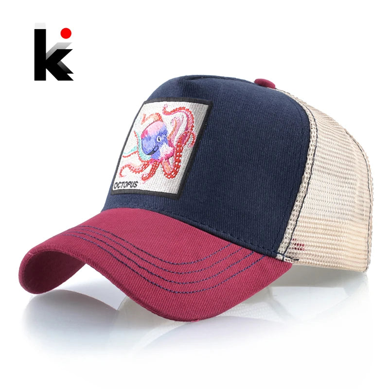 Casquette de baseball unisexe avec écusson pieuvre pour hommes et femmes – Casquettes trucker à fermeture à pression quatre saisons – Casquette de sport décontractée et respirante pour les activités de plein air