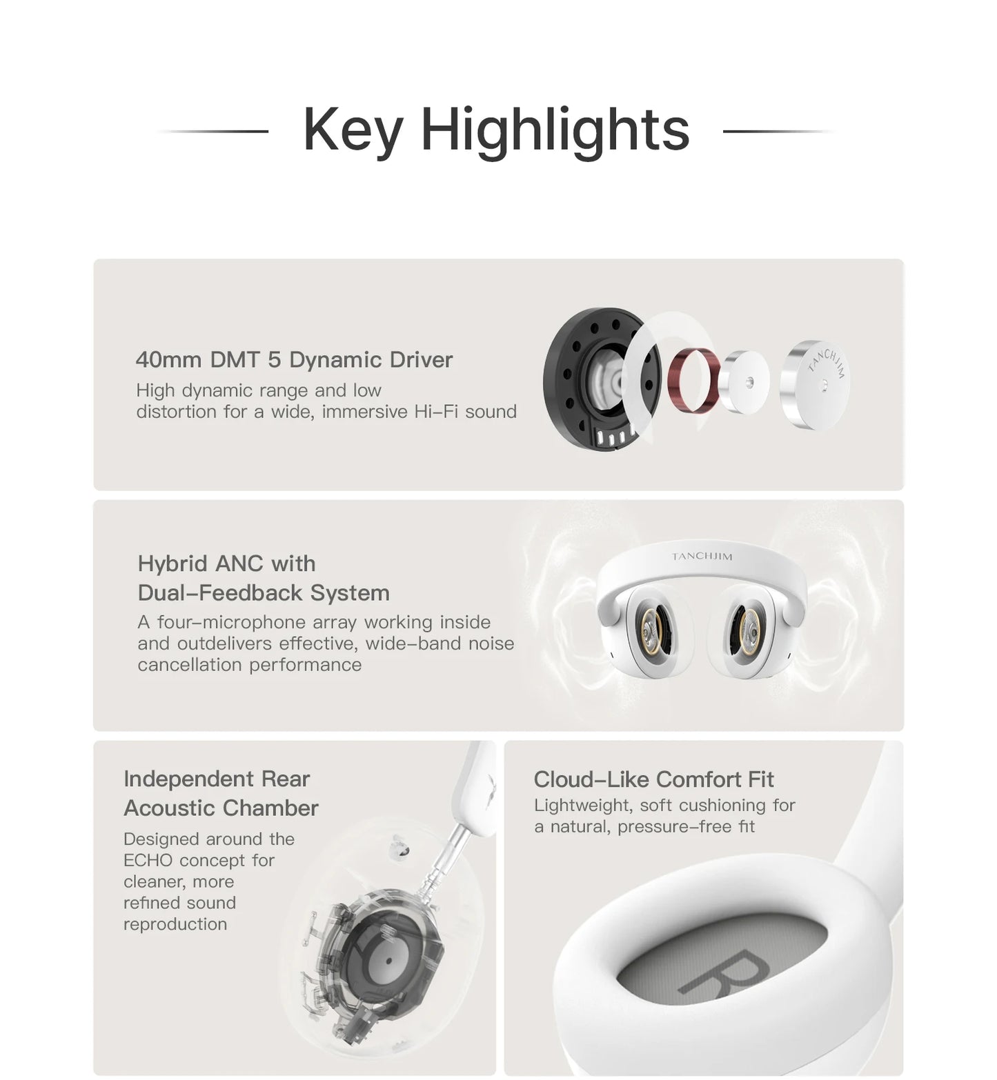TANCHJIM RITA HiFi Bluetooth Headset Wireless & Wired ANC Headphones, Bluetooth 6.0 LDAC Over-Ear Headphones with 40mm Dynamic Driver, Gaming Headset with ENC & 3.5mm Audio Cable