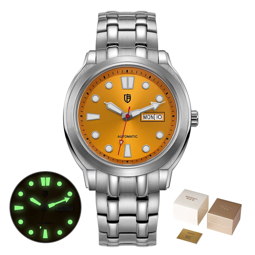BERNY Automatic Men Watch Supper Luminous Sapphire Stainless Steel 100M Waterproof Business Casual Mechanical Wristwatch for Men