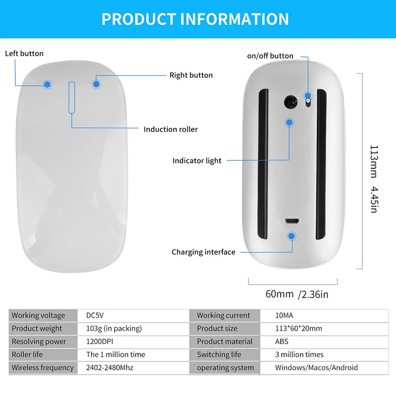 Magic Dual Mode Wireless Mouse Bluetooth Rechargeable Touch Mouse for MacBook, Laptop & PC, Slim Ergonomic Bluetooth Wireless Mouse