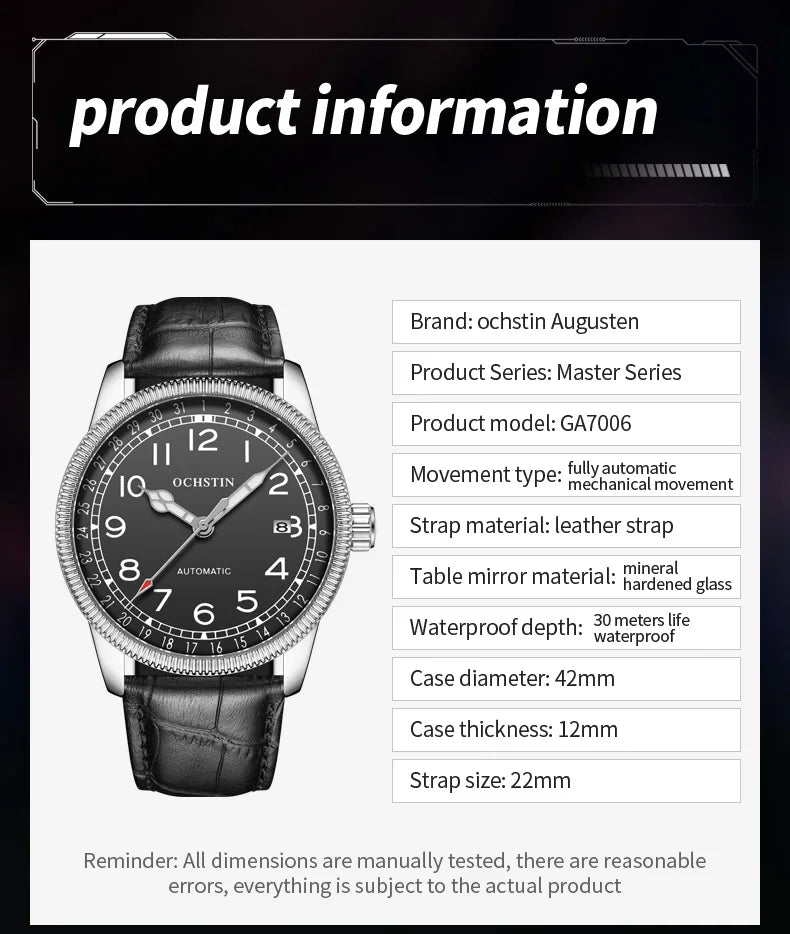OCHSTIN Automatic Mens Watches Top Brand Luxury Auto Date Mechanical Military Sports Male Clock Luminous Hands Gift for Husband