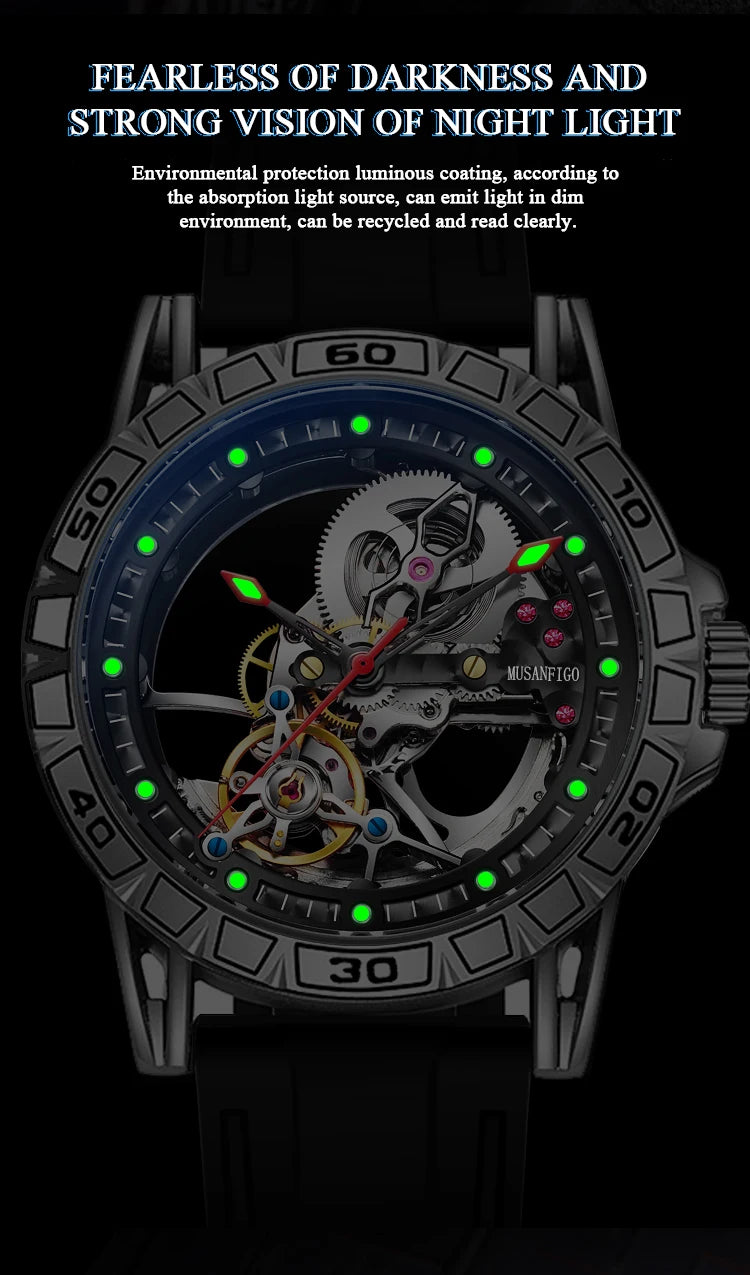 MUSANFIGO hollowed out fully automatic men's watch with mechanical movement, men's night light waterproof trendy watch