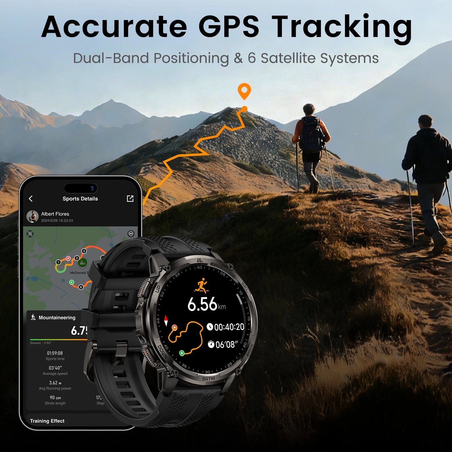 KOSPET TANK T4C Men's Outdoor Watch Rugged GPS  50M Waterproof Military Spec with Integrated Flashlight and Activity Tracking