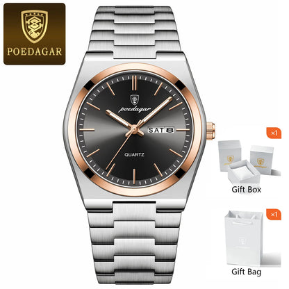 POEDAGAR Fashion Men Watch Waterproof Luminous Date Week Men's Watches Stainless Steel Functional Man Quartz Watch with Gift Box