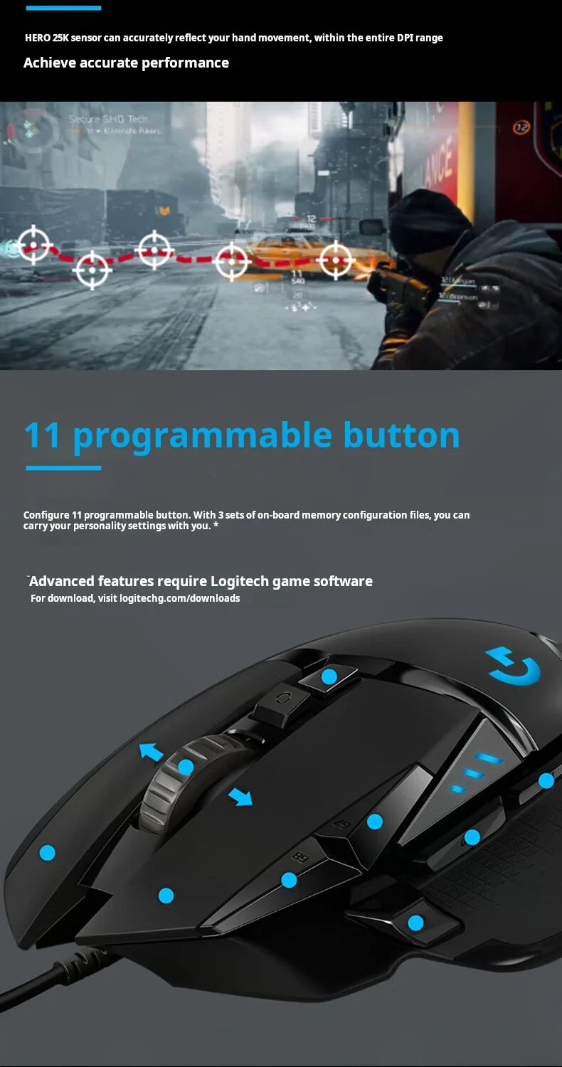Logitech G502 HERO trådbunden gamingmus för e-sport, mekanisk mus med RGB-belysning, justerbar balans och programmerbara makron för Battle Royale