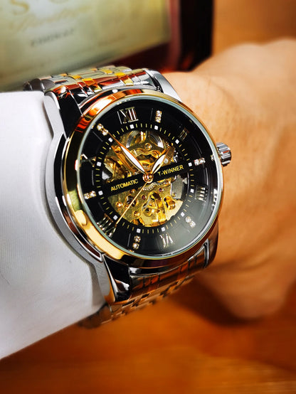 WINNER Classic Mechanical Watches Luxury Diamond Dial Black Gold Skeleton Automatic Mens Watch Stainless Steel Strap Wristwatch
