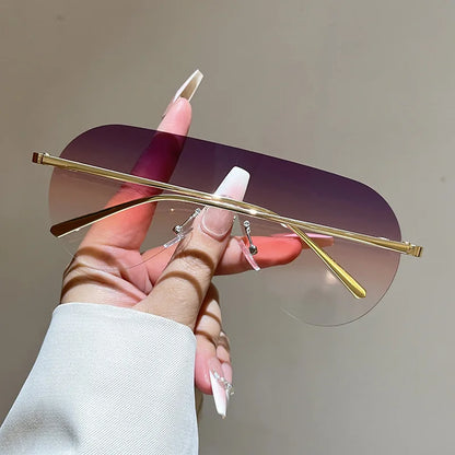Women's Oversize Rimless One-Piece Shield Sunglasses Fashion Gradient Sun Glasses Alloy Sexy Driving Shades men punk shades
