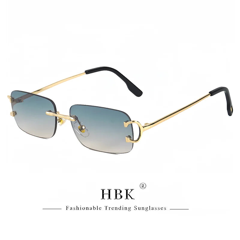 HBK Retro Rimless Sunglasses For Women Men Small Square Gold Frame Brand Design Tea Shades Rectangle UV400 Zonnebril Eyewear