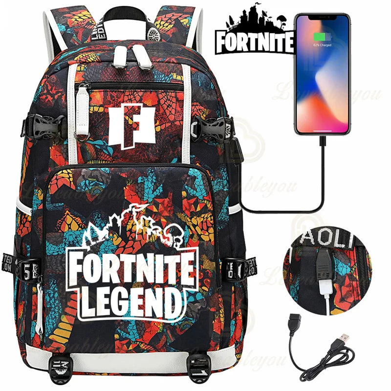 Yule Trooper F-Fortnited Battle Royale Rucksack mit USB-Ladeanschluss, Anime-Figuren, Lern- und Schreibwarenfach für Schüler