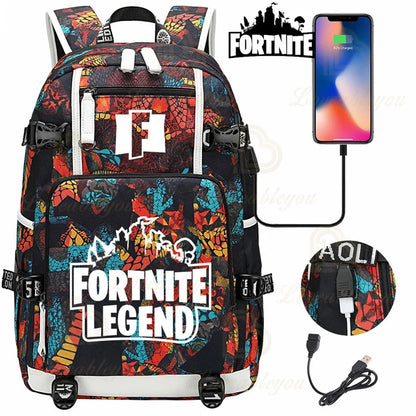 Yule Trooper F-Fortnited Battle Royale Rucksack mit USB-Ladeanschluss, Anime-Figuren, Lern- und Schreibwarenfach für Schüler