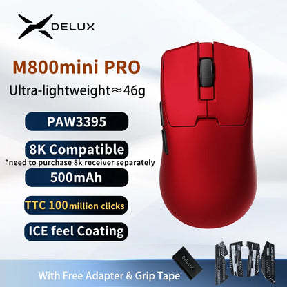 Bezdrôtová herná myš Delux M800mini, ľahká 46g, PAW3395/PAW3311, frekvencia odozvy 1KHz pre PC hráčov s malými až stredne veľkými rukami