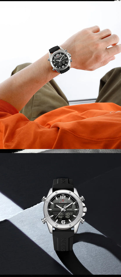 NAVIFORCE Men Quartz LCD Dual Display Watch With Silicone Strap 3ATM Waterproof Shockproof Night Light Round Case Sport Casual