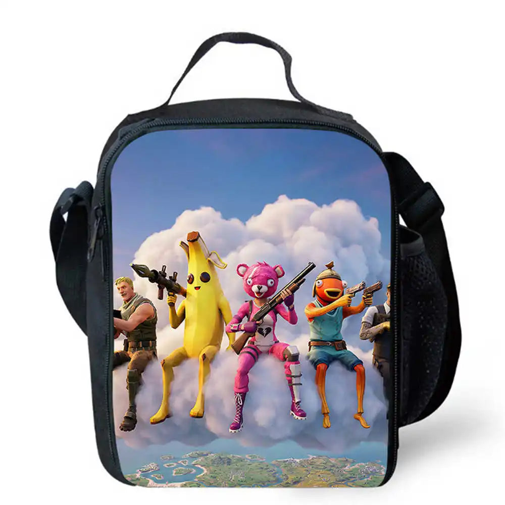 Bolsas de almuerzo para niños, bolsas escolares y de picnic Fortnite de dibujos animados para niñas y niños, bolsas térmicas portátiles y ligeras para almuerzo infantil