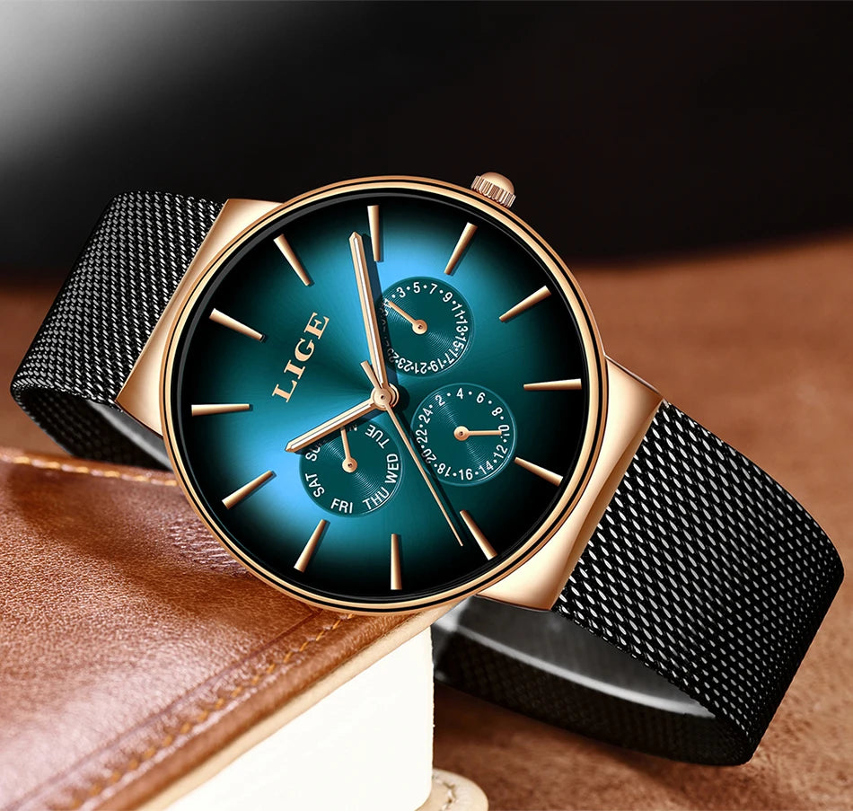 Montre pour femme LIGE, élégante et tendance – Style sport-décontracté, bracelet en maille, mouvement à quartz, affichage de la date et du jour, étanche.