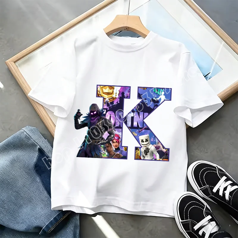 Fortnite A-Z Alphabet Print T Shirt Summer Kids White Clothing Popular Cartoon Game T Shirt Fashion Casual Short Sleeve Top Gift
