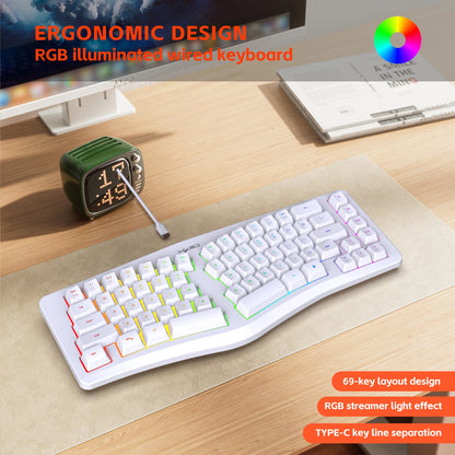 69 Key Wired Ergonomic Gaming Keyboard Silent Irregular RGB Backlit Keyboard for Windows Linux Home Office Game PC
