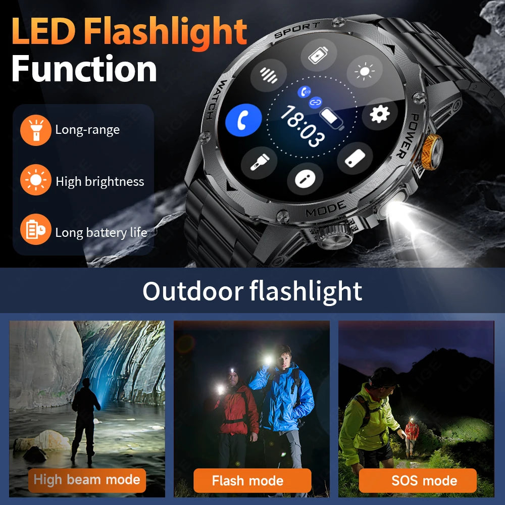 LIGE New Smart Watch Men 1000mAh Large Capacity Battery Outdoor Flashlight Bluetooth Call Waterproof Sport Fitness Smartwatch