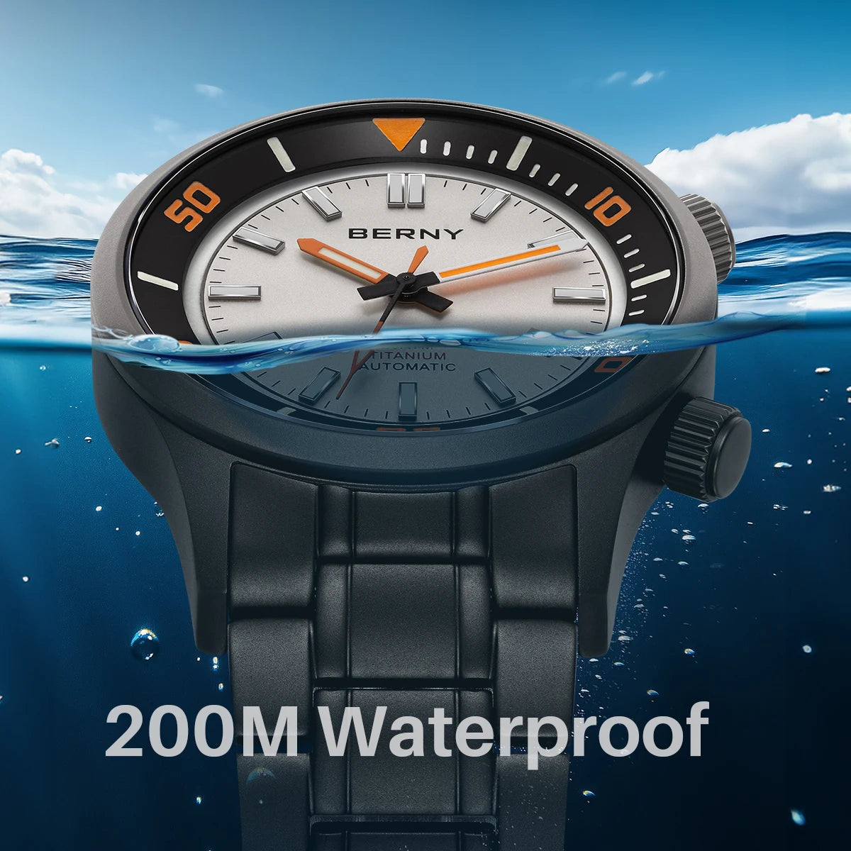 BERNY Automatic Full Titanium Diver Watch For Men Supper Luminous Sappire AR Coated Miyota 8215 Dual Crown Mechanical Dive Watch