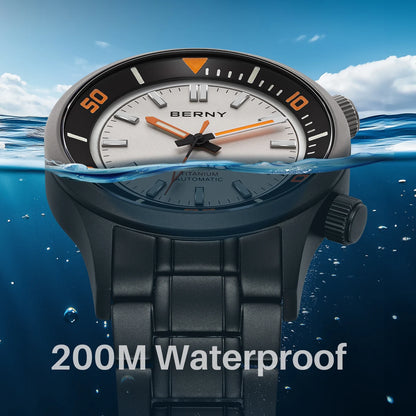 BERNY Automatic Full Titanium Diver Watch For Men Supper Luminous Sappire AR Coated Miyota 8215 Dual Crown Mechanical Dive Watch