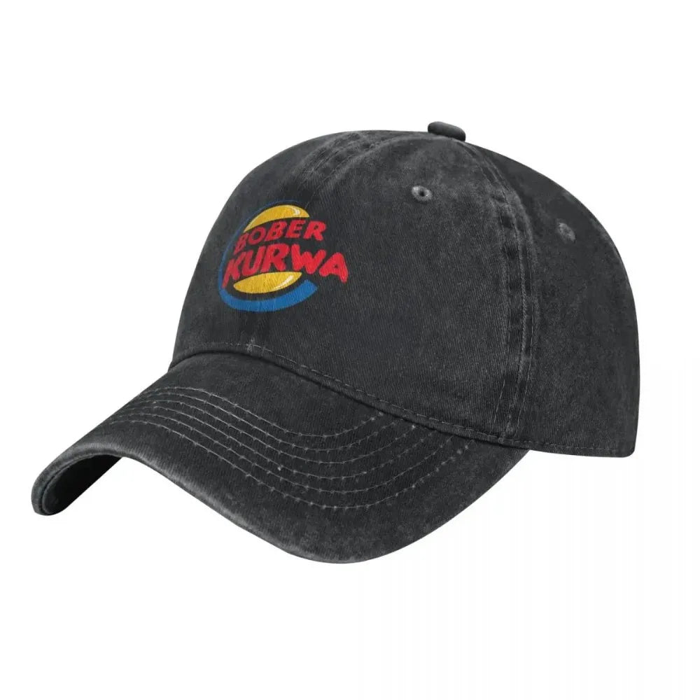 Casquette de baseball Burger King inspirée du mème « Bober Kurwa » – Casquettes en denim vieilli – Style vintage – Activités de plein air – Casquette souple non structurée