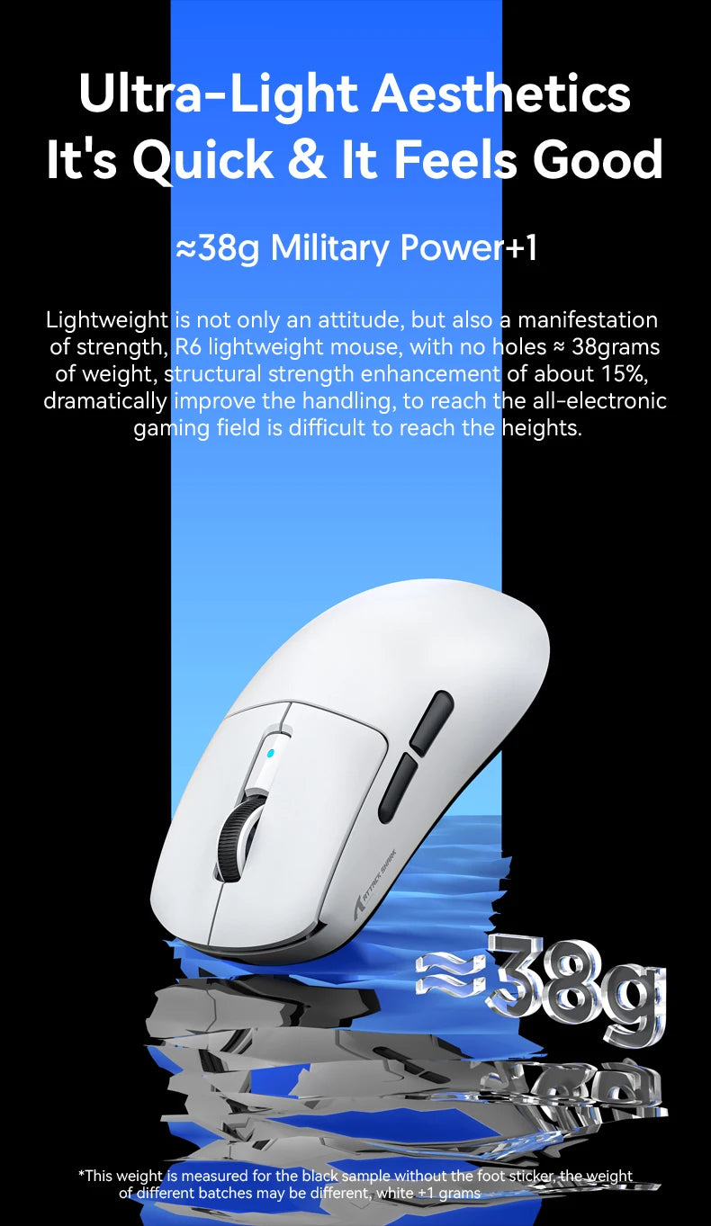 Attack Shark R6 Gaming-Maus 38g ultraleicht, PAW3950 8K Rückmelderate kabellos, Nordic 52840, 24000DPI, Tri-Mode