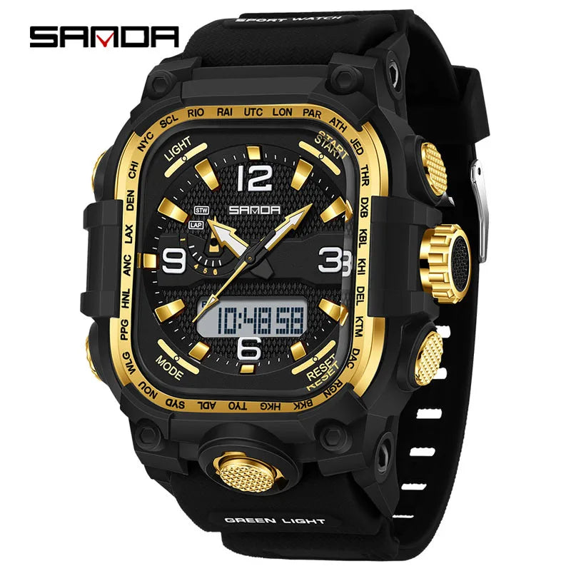 SANDA 6310 Men's Electronic Watch Multifunctional Luminous Alarm Clock Calendar Stopwatch Dual Display Digital Watches for Man