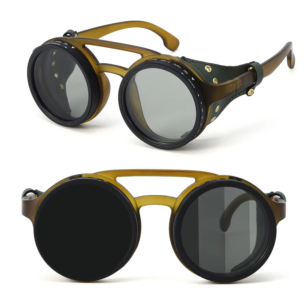 Adjustable 9-Gear ND Filter Steampunk Sunglasses UV400 Round Retro Punk Sun Glasses with Side Shields Leather Patch for Men Wome