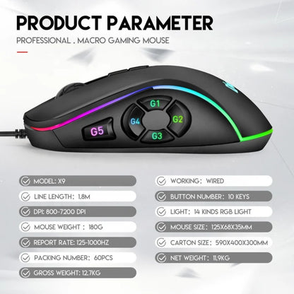 Vezetékes gamer irodai egér 7200DPI RGB háttérvilágítással, 6 állítható DPI-szinttel/10 programozható gombbal/asztalra visszalépő gombbal