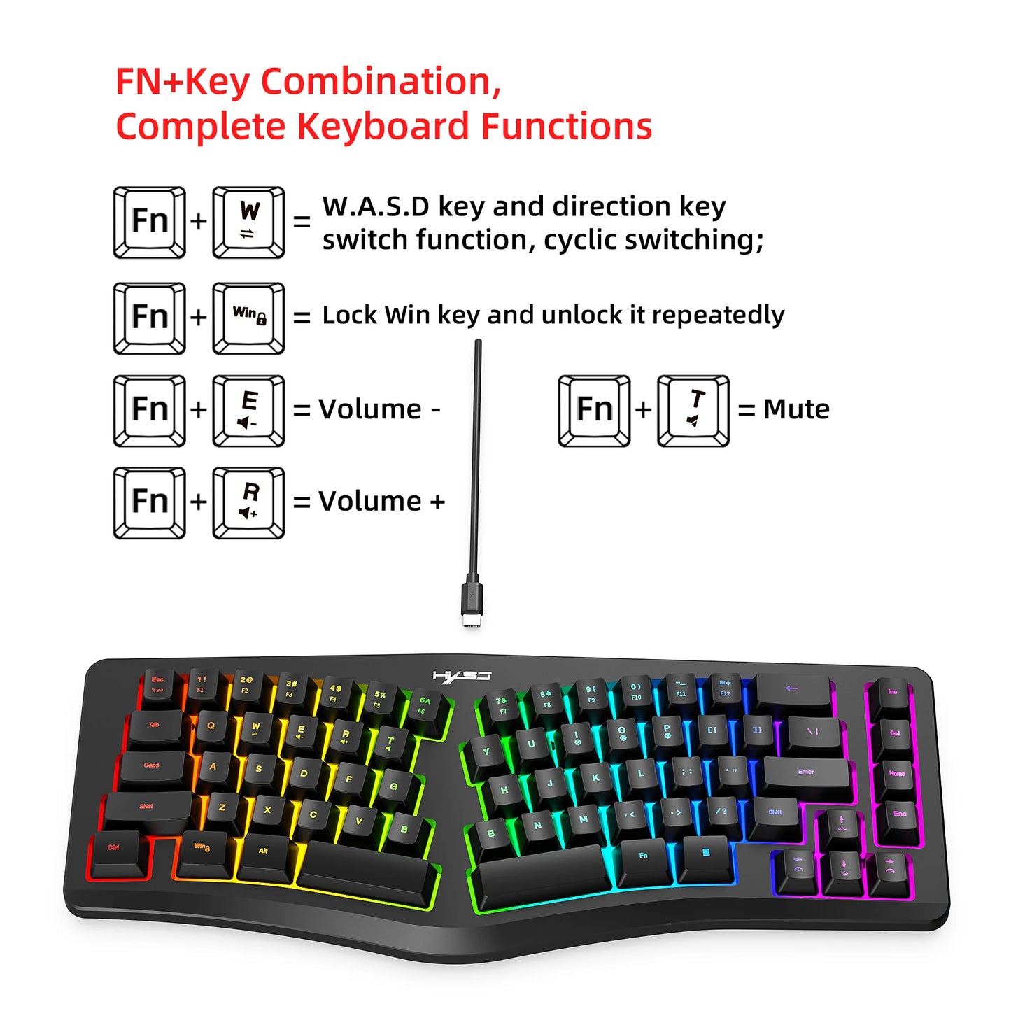 69 Key Wired Ergonomic Gaming Keyboard Silent Irregular RGB Backlit Keyboard for Windows Linux Home Office Game PC