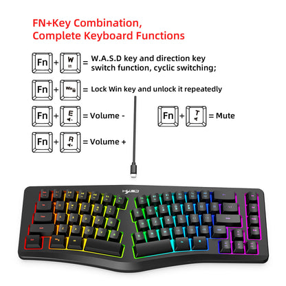 69 Key Wired Ergonomic Gaming Keyboard Silent Irregular RGB Backlit Keyboard for Windows Linux Home Office Game PC