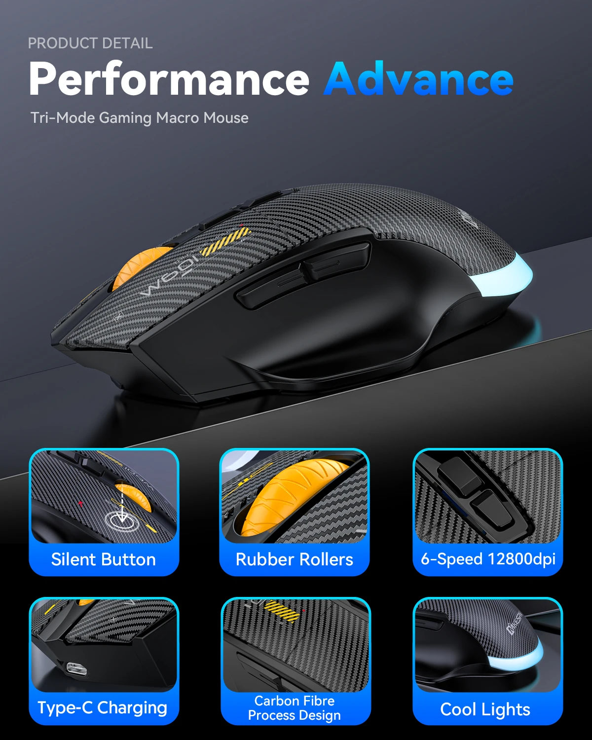 12800DPI 2.4G Wireless Bluetooth Wired Tri-mode Mouse Mute Button Macro Programming Carbon Fiber Gaming Mouse 500mAh 7 Keys