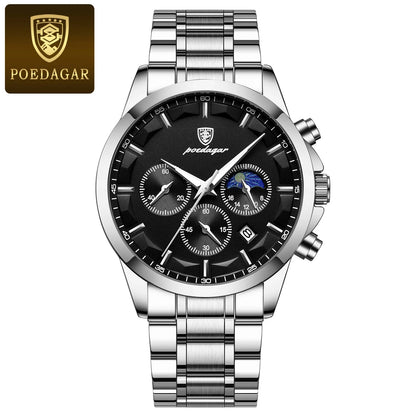 Luxus-Herrenarmbanduhr POEDAGAR, im Militärstil, wasserdicht, mit Leuchtzeiger, Chronograph, aus Edelstahl, Quarzwerk, inklusive Verpackung.