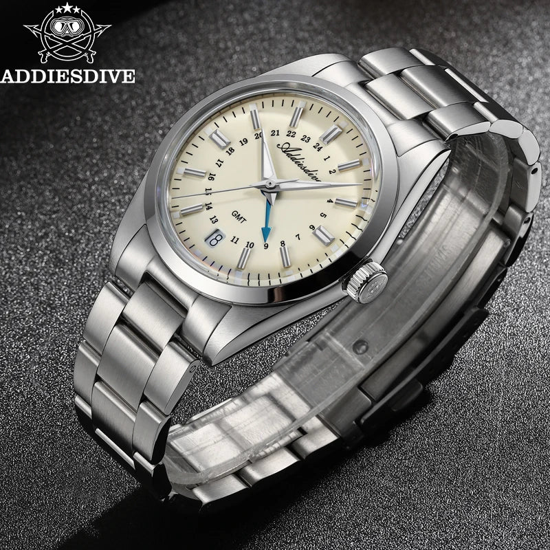 ADDIESDIVE 36mm Men's Analog Watch GMT 515-24H Watch BGW9 Luminous 100m Waterproof Stainless Steel Men's Quartz Watches AD2065
