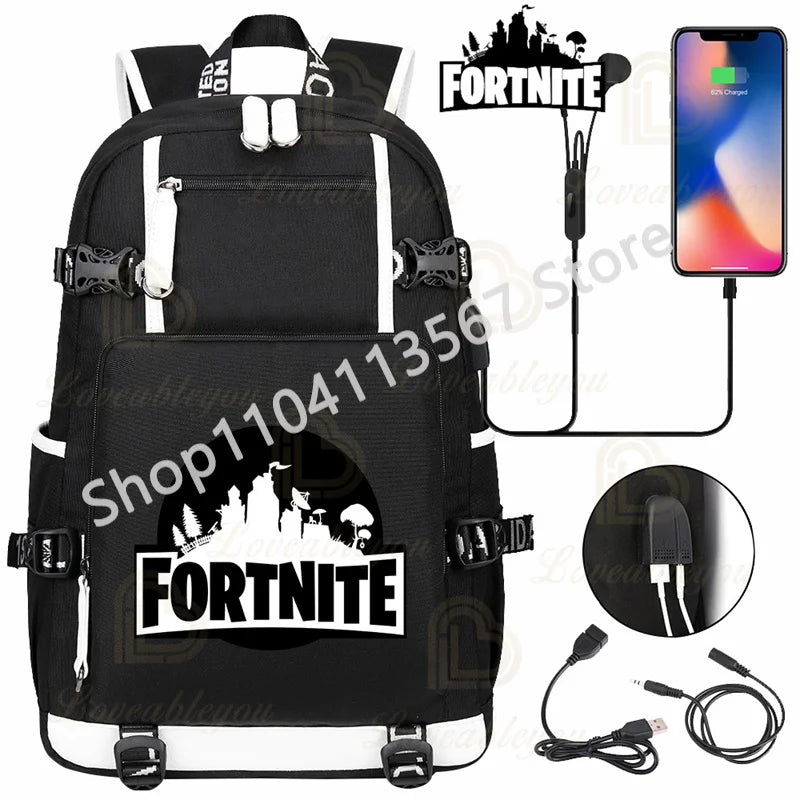 Ultima Knight F-Fortnited Battle Royale Backpack with USB Charging Anime Figures Study Stationery Compartment for Students
