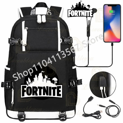 Ultima Knight F-Fortnited Battle Royale Backpack with USB Charging Anime Figures Study Stationery Compartment for Students
