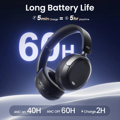 Acer OHR516 ANC Wireless Headphones Noise Cancelling Hi-Res Bluetooth Headset with 40mm Driver, Spatial Audio Over Ear Headphones with Mic