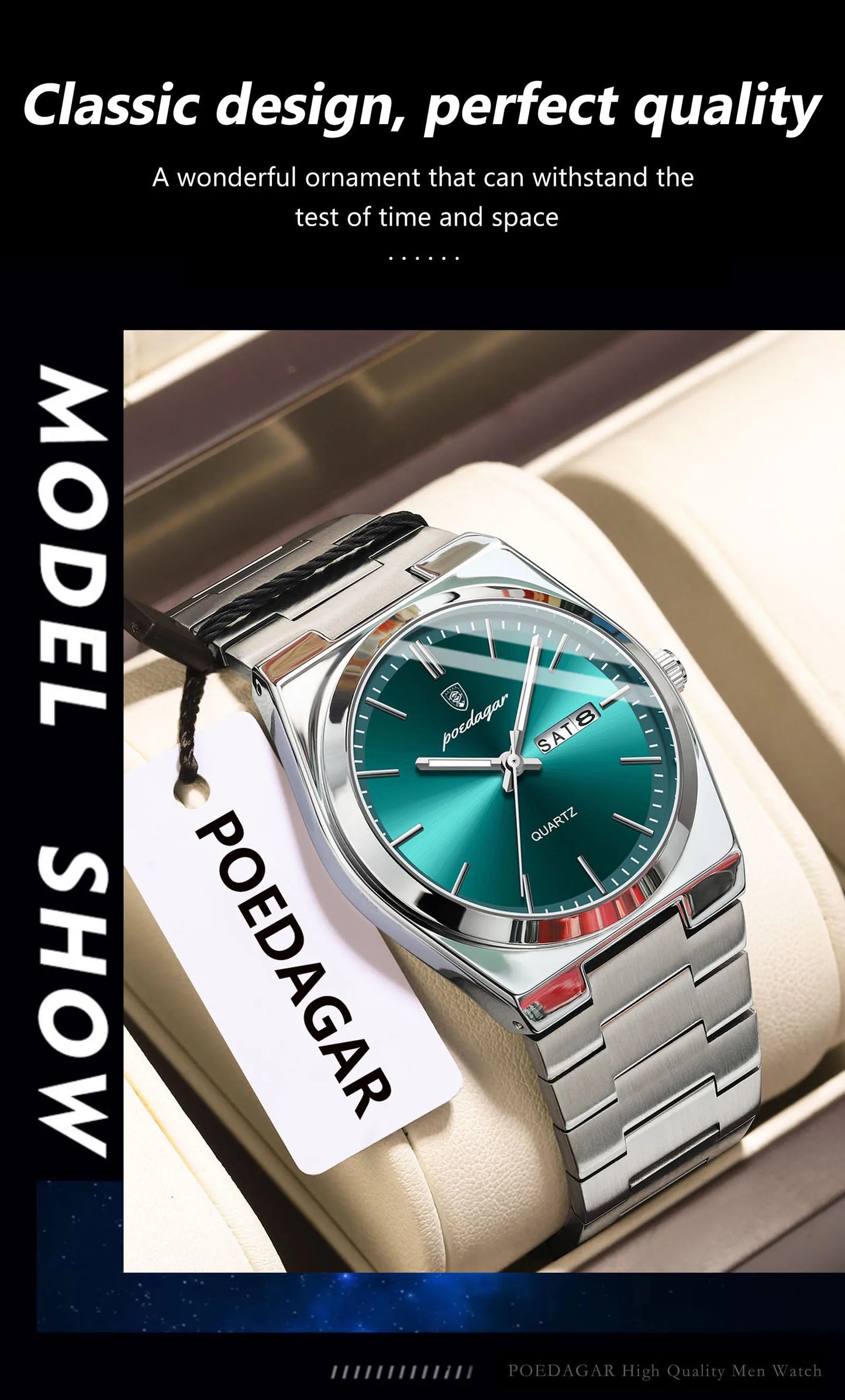 POEDAGAR Fashion Men Watch Waterproof Luminous Date Week Men's Watches Stainless Steel Functional Man Quartz Watch with Gift Box