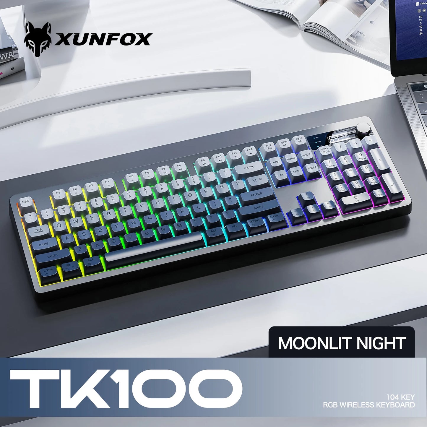 XUNFOX TK100 Bluetooth Wireless Dual-Mode Keyboard, 98-Key RGB Wireless Gaming Keyboard with Rechargeable Battery for Desktop, Laptop & Office