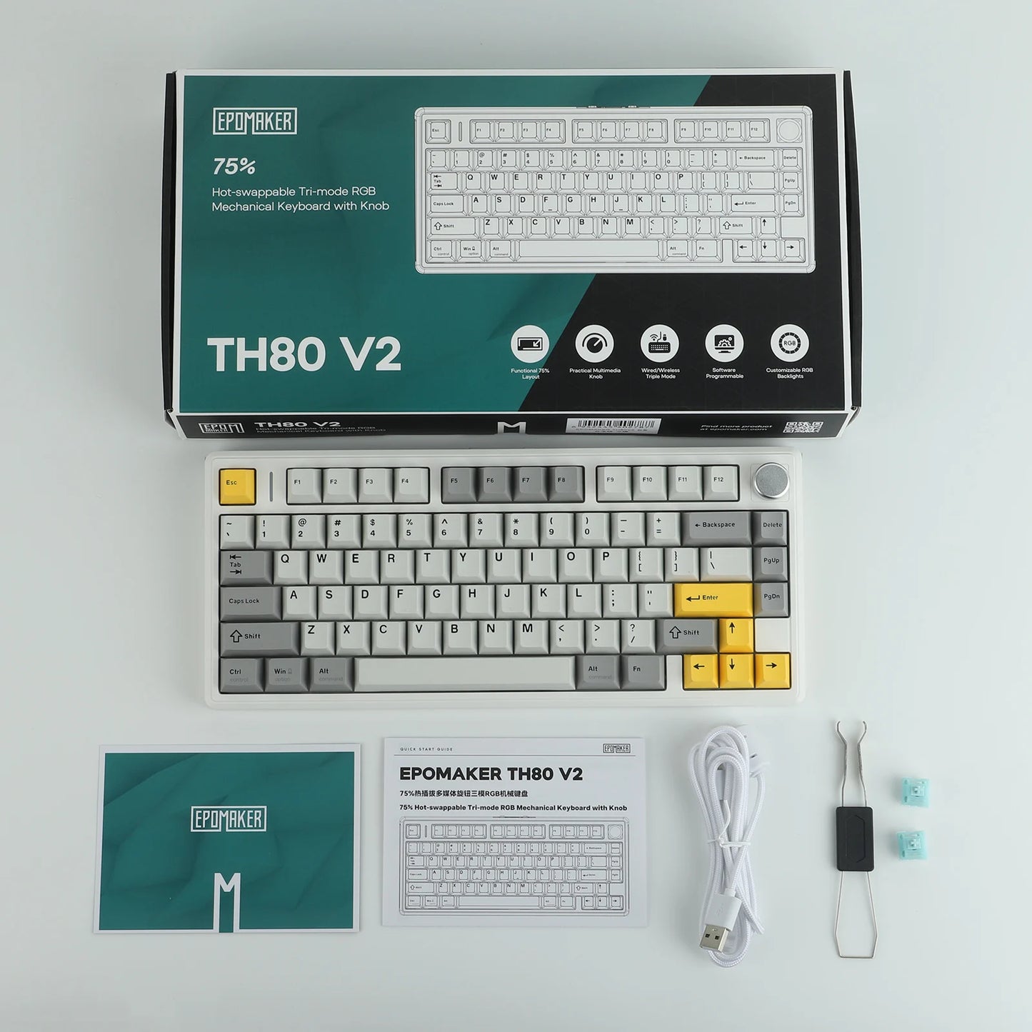 EPOMAKER TH80 V2 75% ANSI US Layout Gasket Tri-mode Wireless Mechanical Gaming Keyboard with 8000mAh Battey & RGB Backlight
