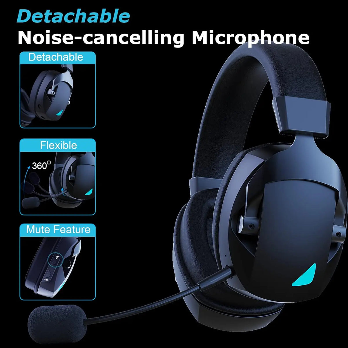Gaming-Headset mit abnehmbarem Mikrofon mit Geräuschunterdrückung – kabelloses 3-Modi-Gaming-Headset mit Bluetooth 5.3, 2.4G USB und kabelgebundenem 3.5mm-Anschluss sowie 50mm-Treibern