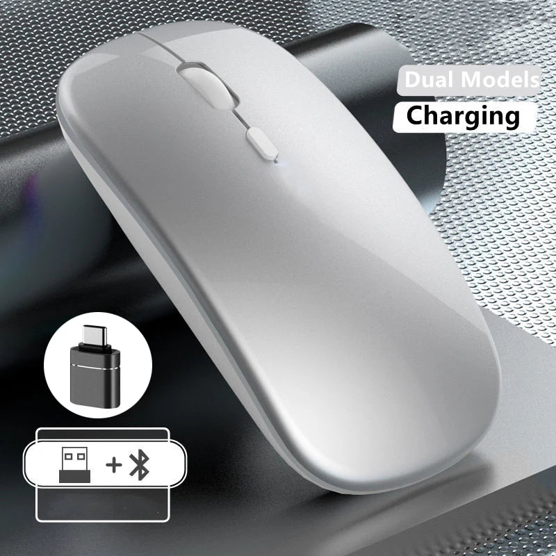 Безжична презареждаема мишка с два режима, съвместима с Bluetooth, 2.4G USB компютърна мишка за лаптоп, iPad, таблет и Notebook, геймърска мишка
